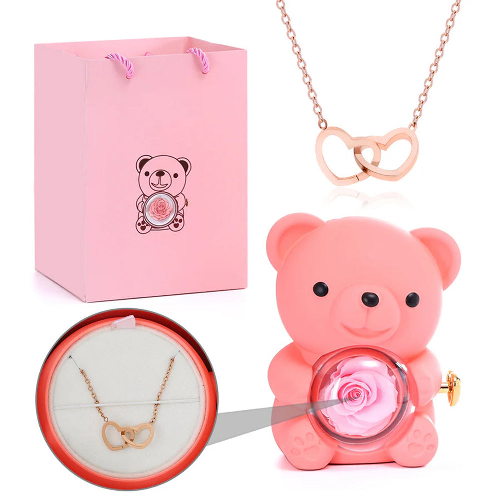 Urso Rotativo com Rosa Real & Colar de Coração Personalizado