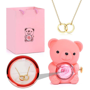 Urso Rotativo com Rosa Real & Colar de Coração Personalizado