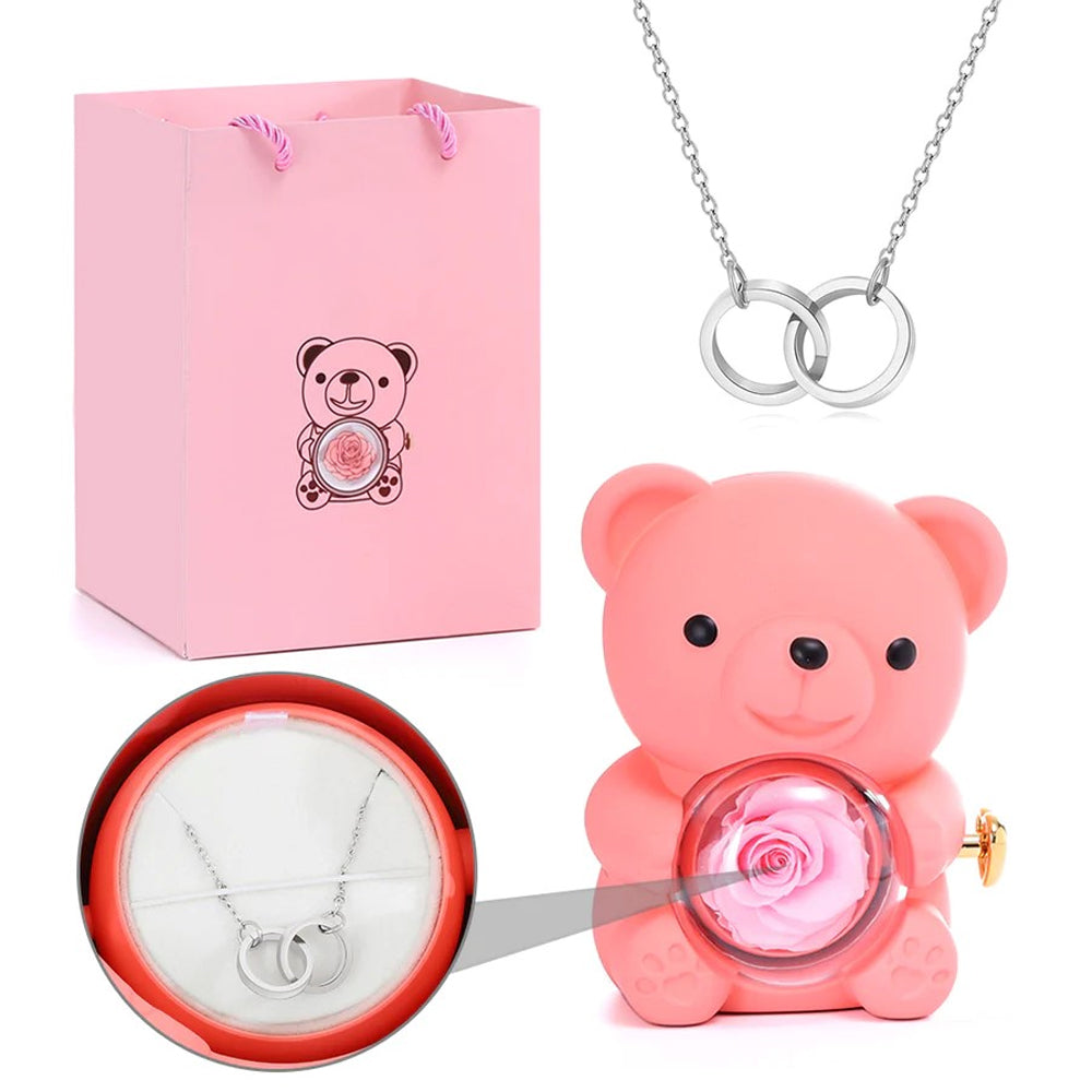 Urso Rotativo com Rosa Real & Colar de Coração Personalizado