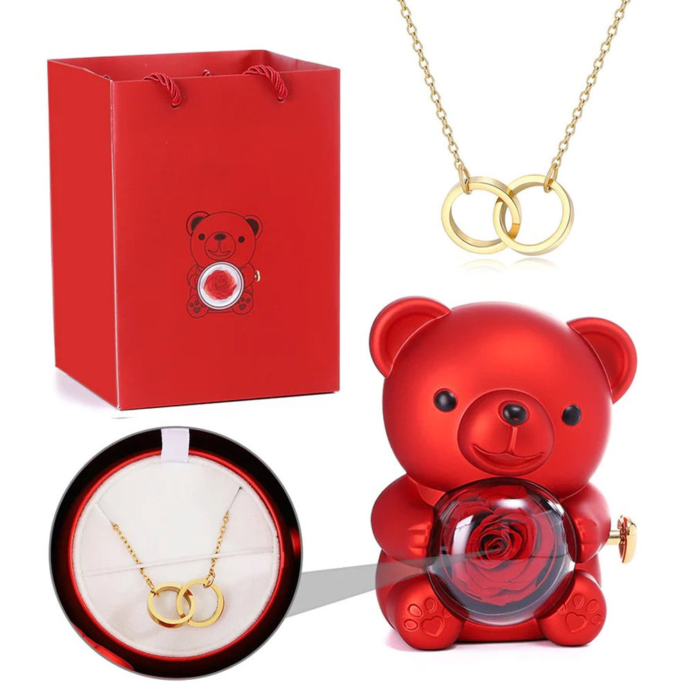 Urso Rotativo com Rosa Real & Colar de Coração Personalizado