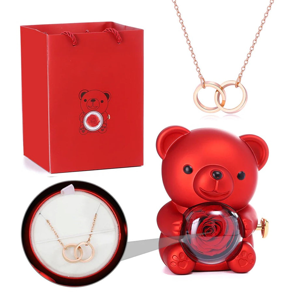 Urso Rotativo com Rosa Real & Colar de Coração Personalizado