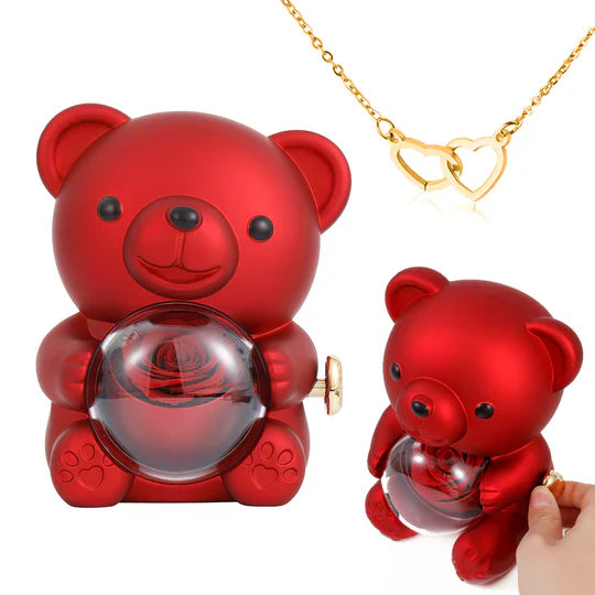 Urso Rotativo com Rosa Real & Colar de Coração Personalizado