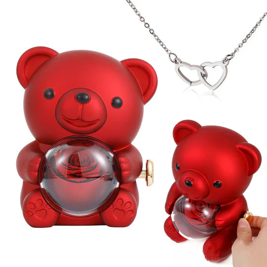 Urso Rotativo com Rosa Real & Colar de Coração Personalizado